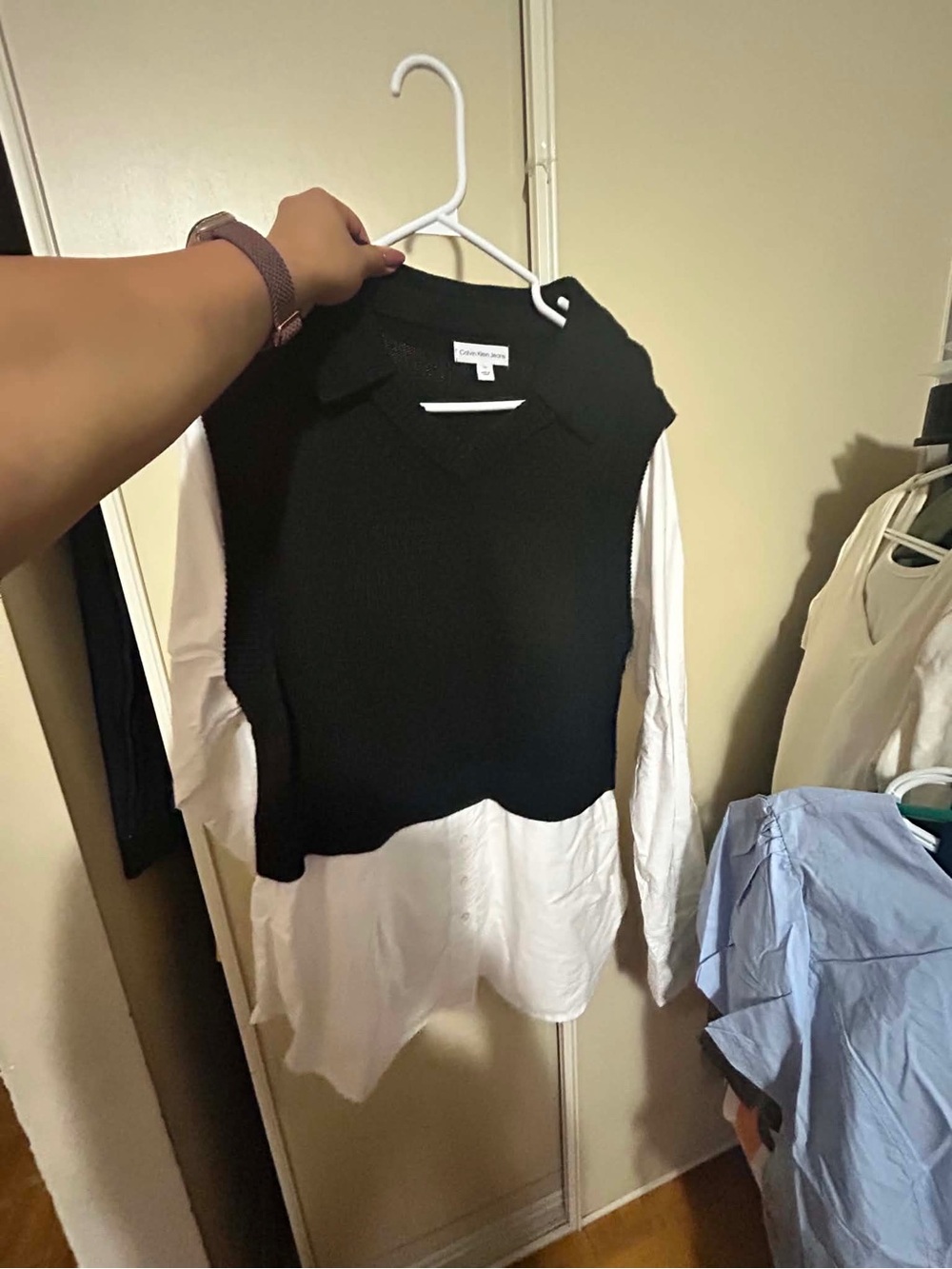 Calvin Klein Jeans Black Knit Collared Vest Over White Shirt